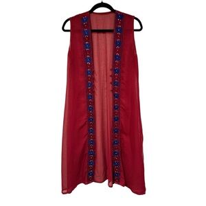 Sleeveless Red Embroidered Duster Vest with Blue Floral Trim